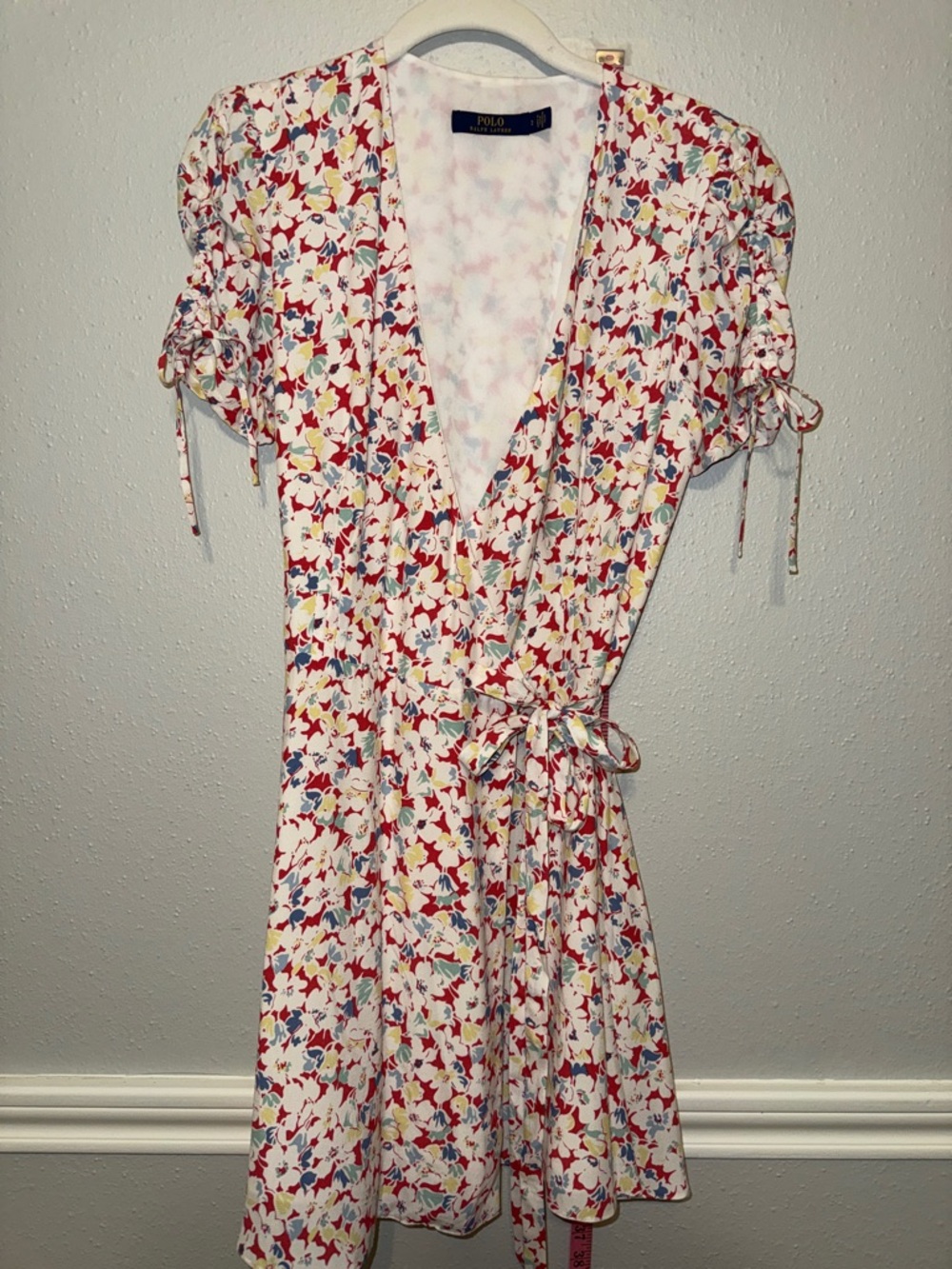 Polo by Ralph Lauren White Mini Wrap Dress with Coral & Blue Floral Pattern